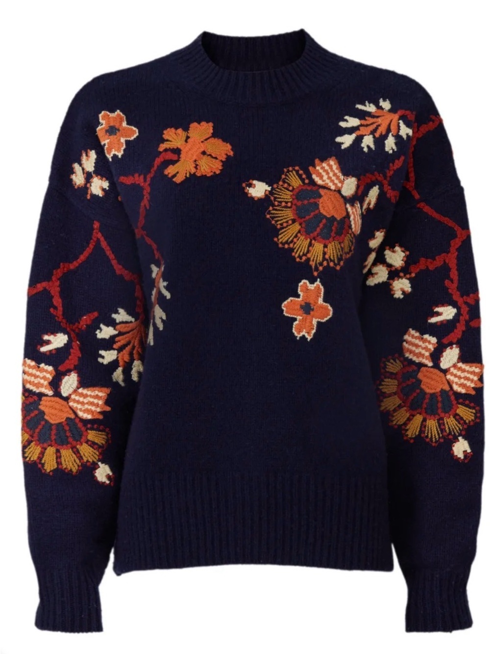 Vanessa Bruno Soave Embroidered Sweater Navy Floral Crewneck Sweater size L.